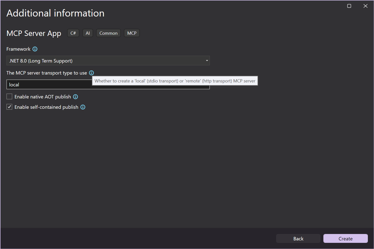 Select additional options including framework and transport for your MCP server