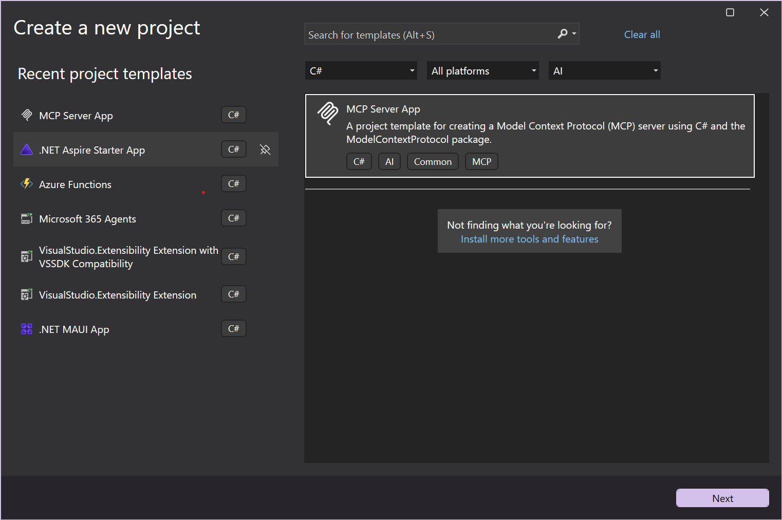 Create a new MCP Server app project in project dialog window
