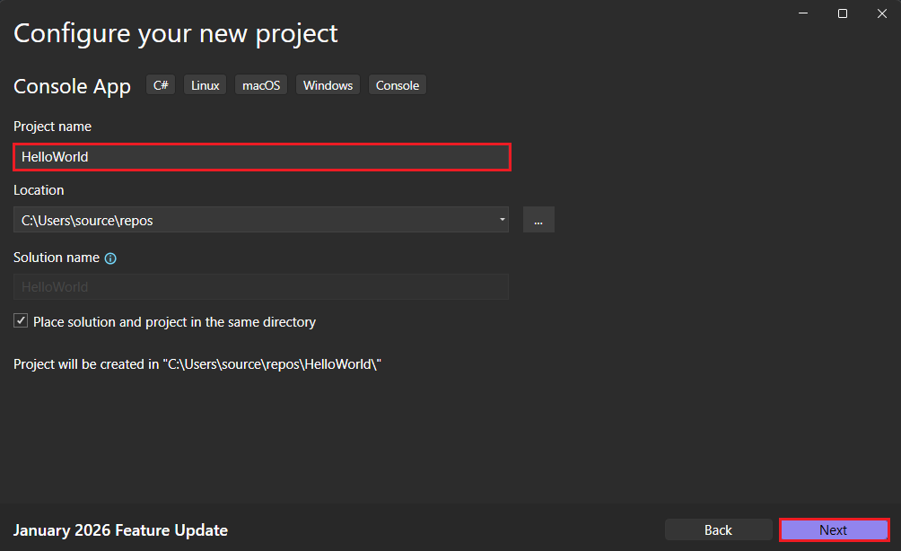 Configure your new project window with Project name, location, and solution name fields