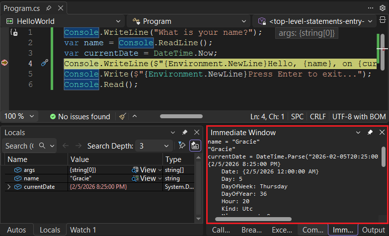 Locals and Immediate Windows in Visual Studio