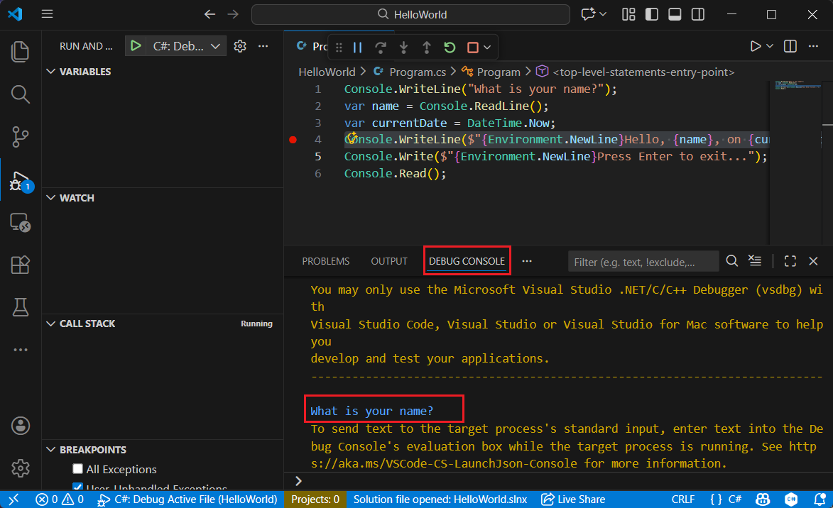Select the Debug Console tab