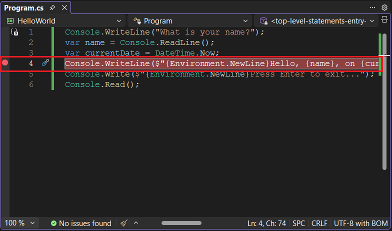 Visual Studio Program window with breakpoint set