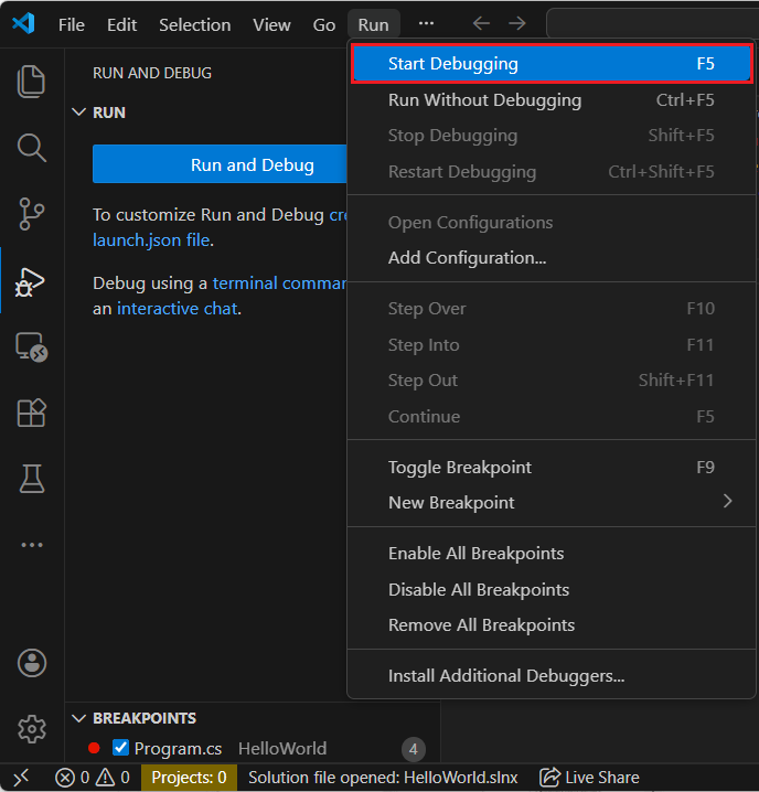 Start debugging