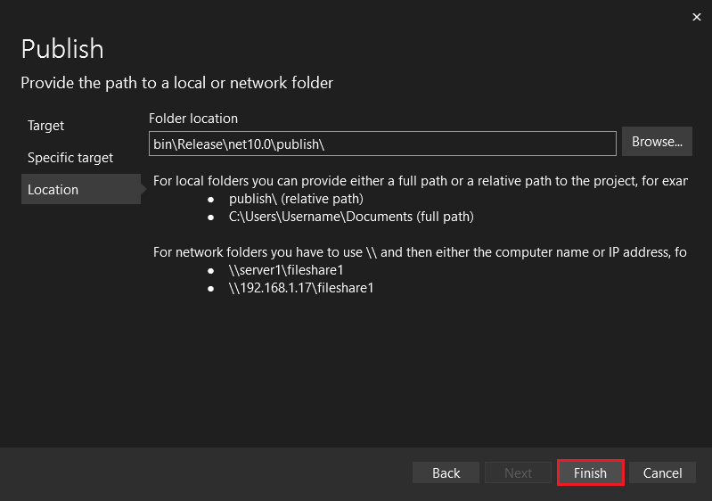Visual Studio Publish page Location tab.