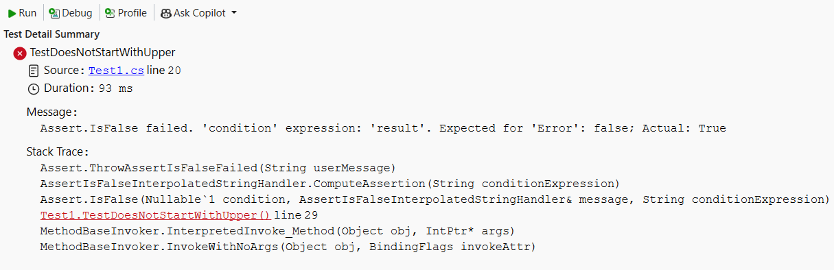 Test Explorer window showing the IsFalse assertion failure
