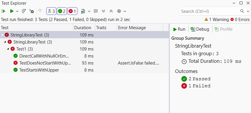 Test Explorer window with failing tests