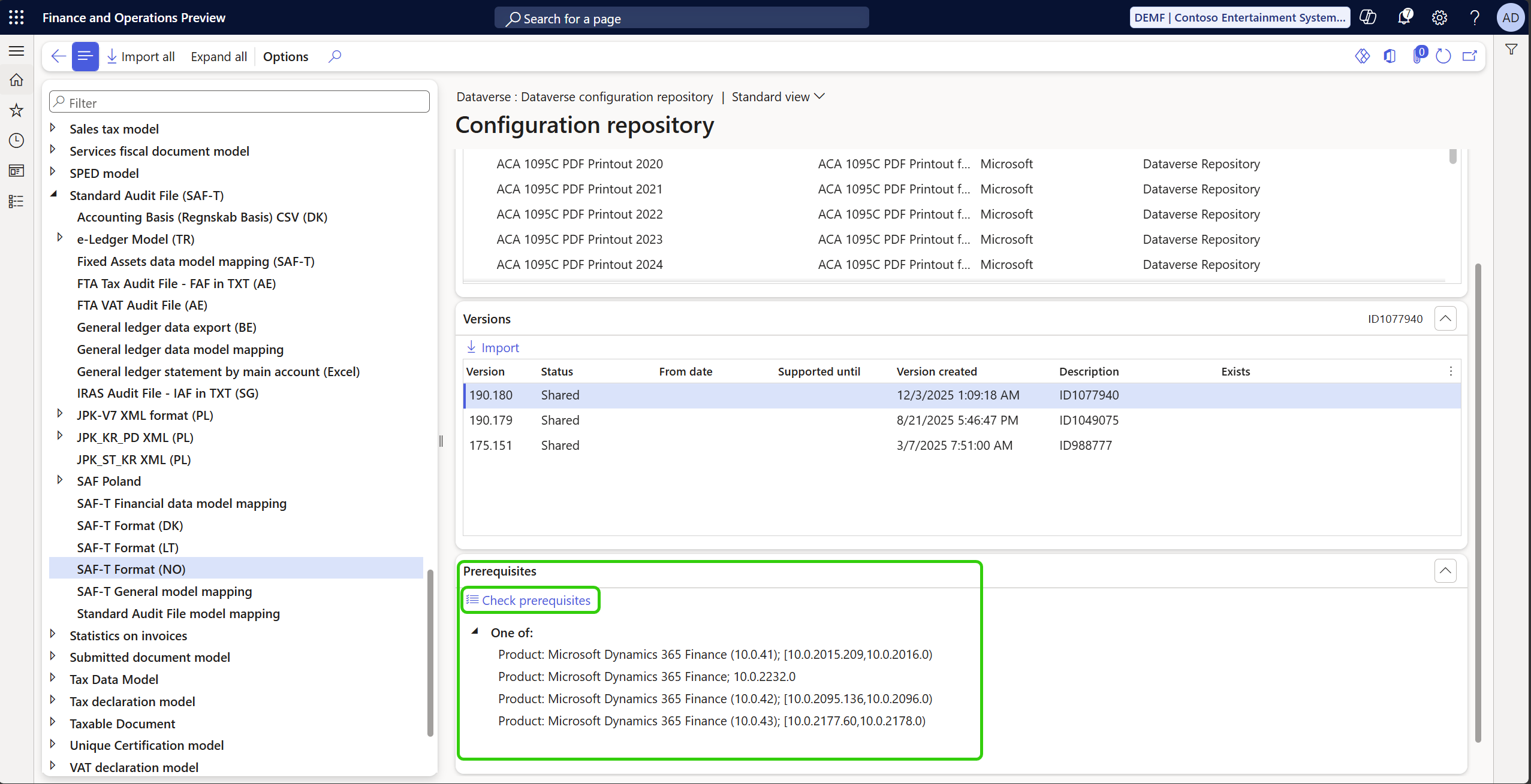 Screenshot of the Prerequisites FastTab.