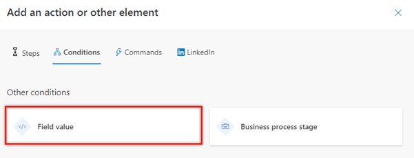 Снимак екрана картице Услови у кораку избора активности за вредности поља.