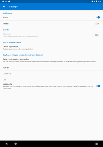 Screenshot of the Microsoft Authenticator app settings.