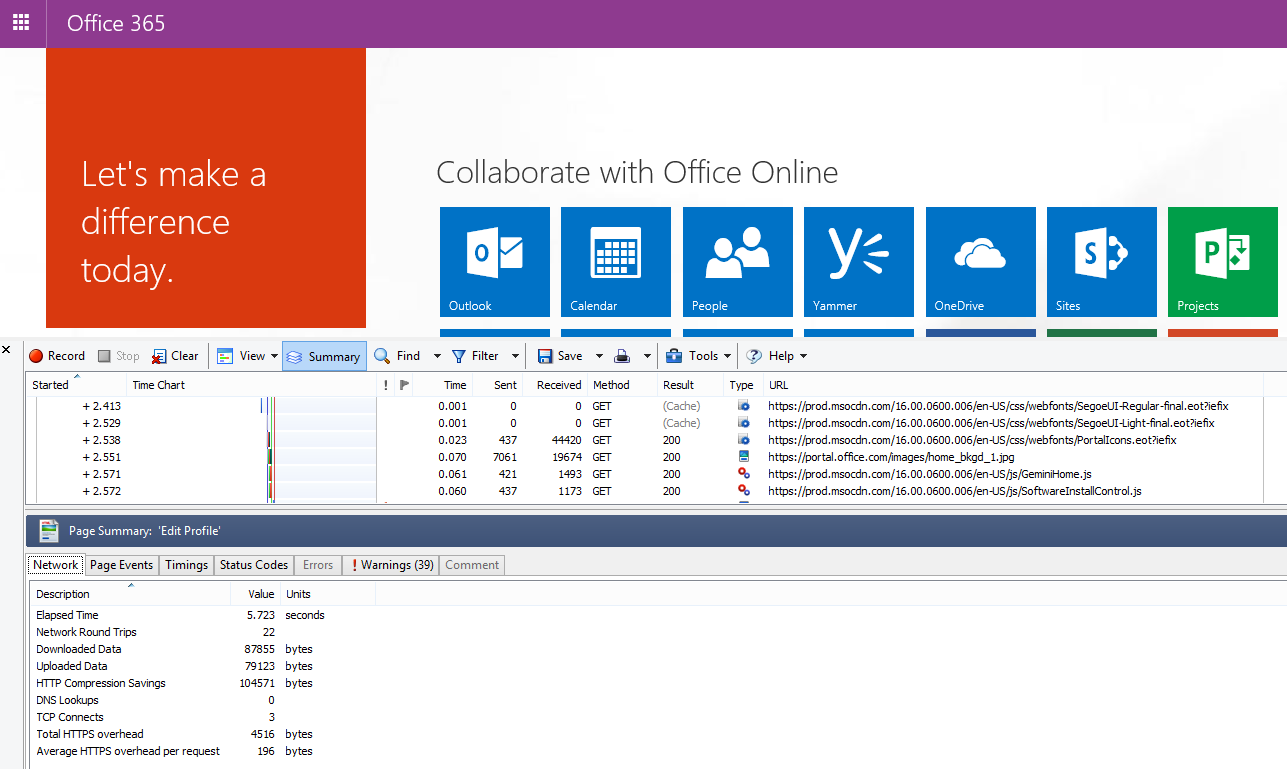 HTTPWatch showing the Network tab for a page load of the Office 365 homepage.