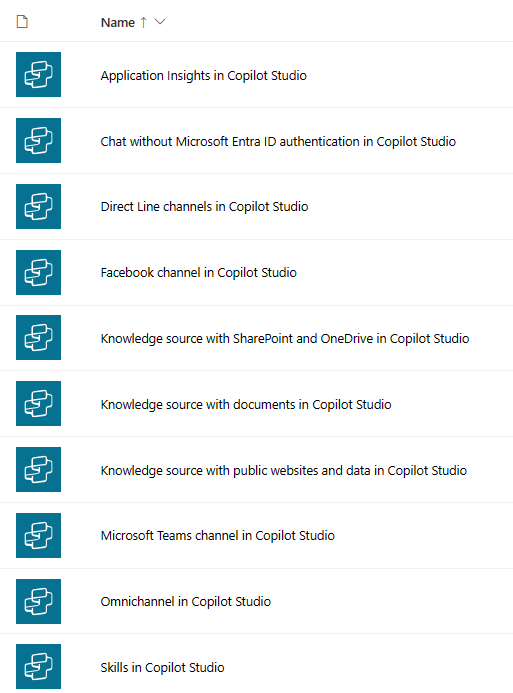 Screenshot of a list of the connectors available for Copilot Studio