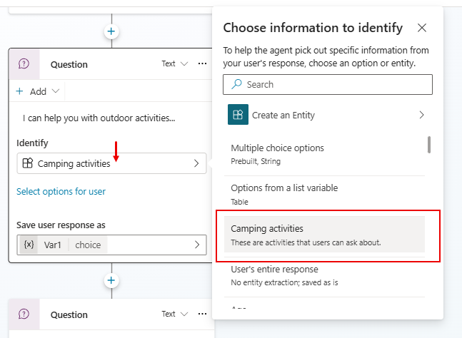 Question node with entity selection.