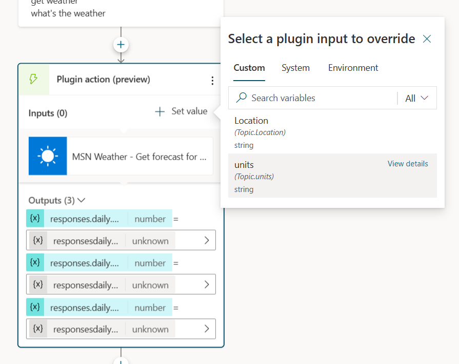 Screenshot of the list of inputs that are available to be overridden.