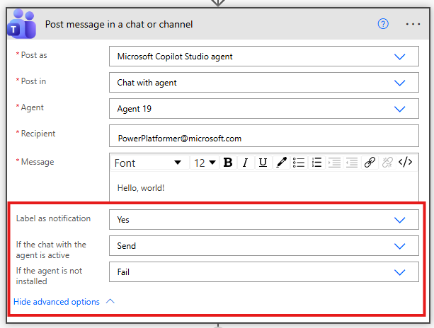 Expanded options pane in the connector.
