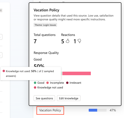 Screenshot of relative weightings of response quality for a given knowledge source, showing tooltip for one quality value.