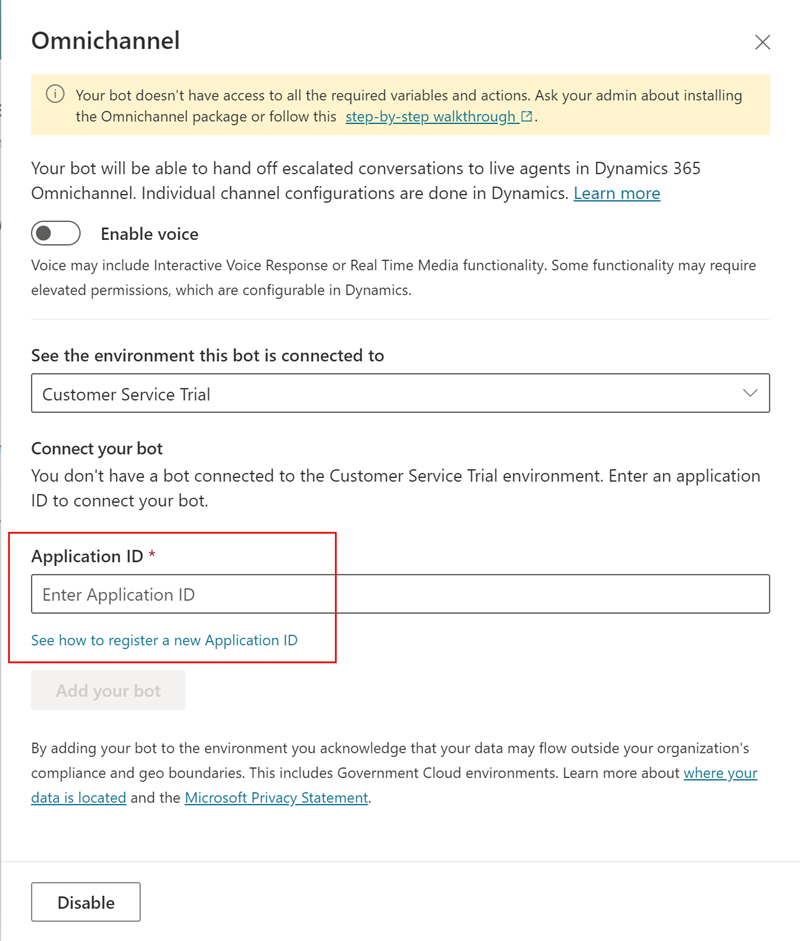 The Omnichannel configuration pane, with the Application ID section highlighted.