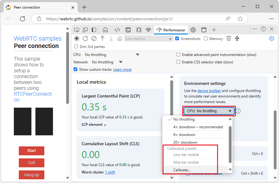 The CPU throttling dropdown menu before calibrating, in Environment settings