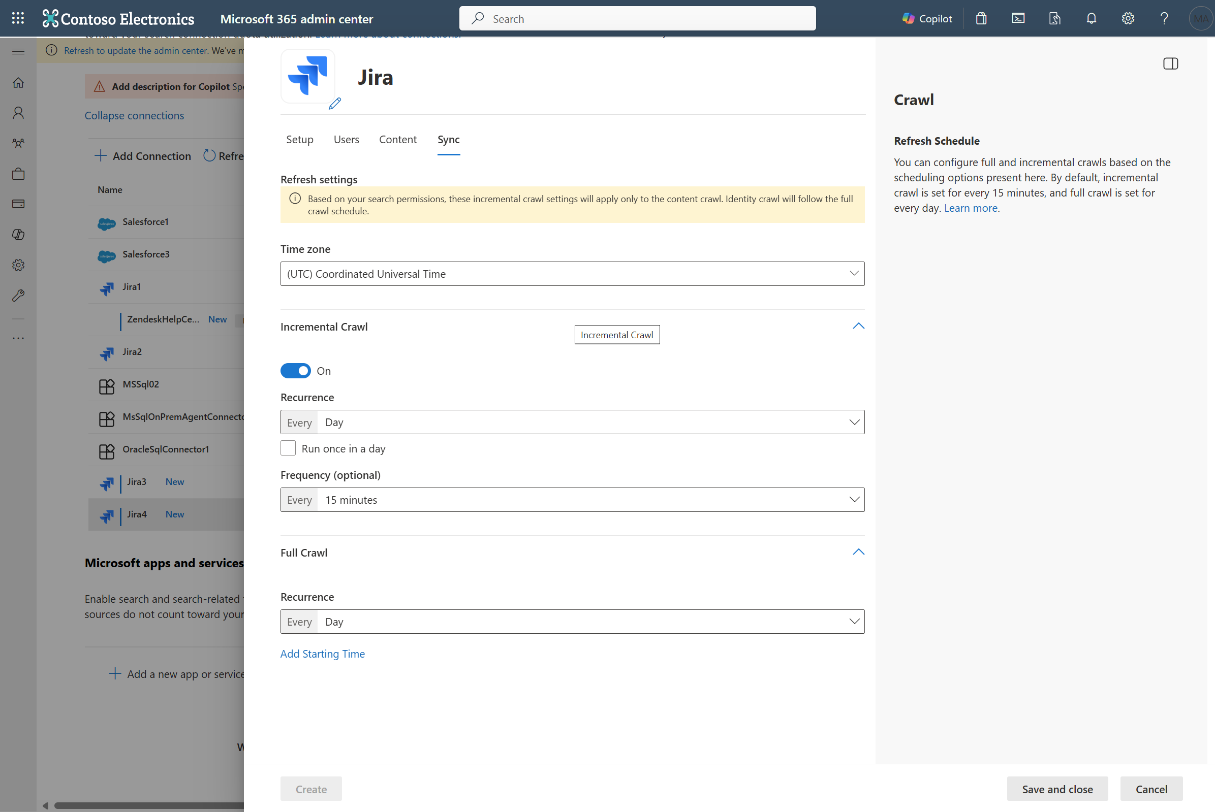 Screenshot that shows Sync tab where you can configure crawl frequency.