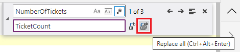 Икона „Замени све“ на десној страни контроле „Пронађи и замени“, после поља за унос текста за замену.