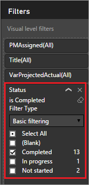 Филтрирање према колони Статус у одељку Детаљи пројекта.