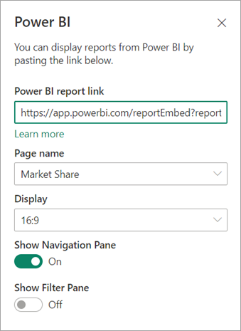 Screenshot of the SharePoint new web part properties dialog with the Power BI report link highlighted.