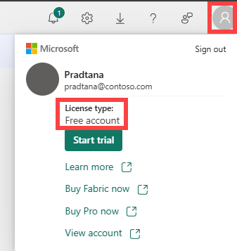 Screenshot of your Power BI account manager with your icon and license type outlined.