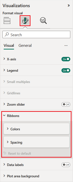 Screenshot that shows the formatting options for the ribbon chart visualization.