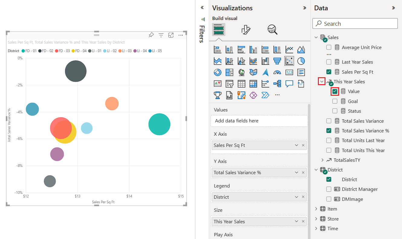 Screenshot that shows how data points on a scatter chart transition to bubbles of different sizes based on the numerical value.