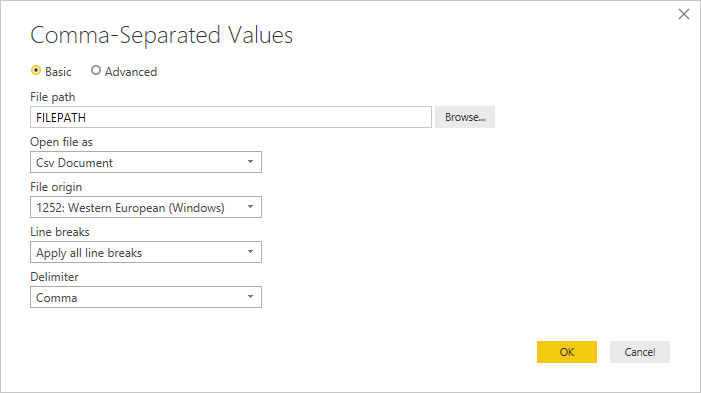 Editing the source step on a query accessing a CSV file.