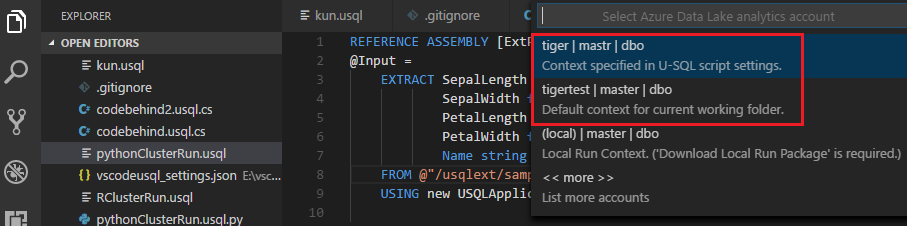 Account, database, and schema set as the default context