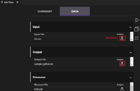 Data tab in the job view