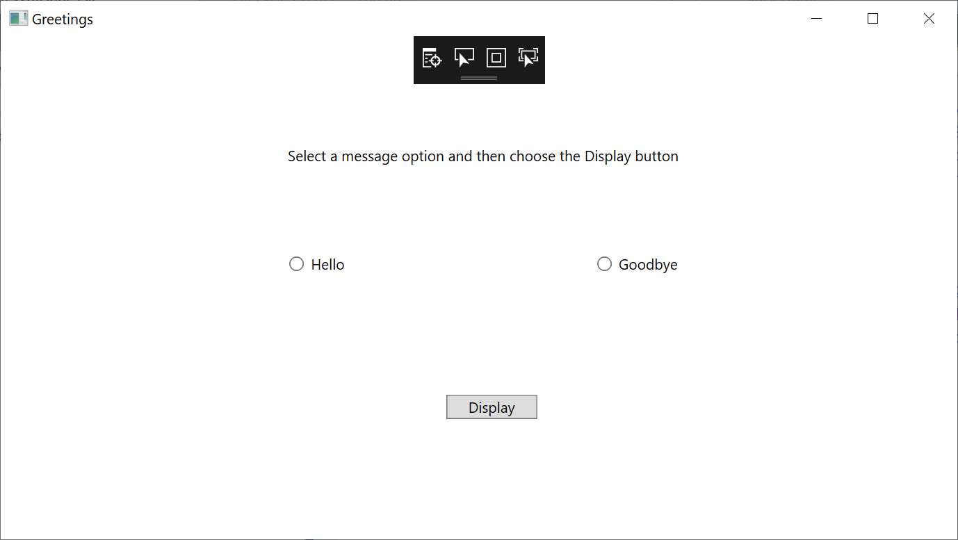 Screenshot of the Greetings window with the TextBlock, RadioButtons, and Button controls visible. The 'Hello' radio button is selected. Screenshot of running app