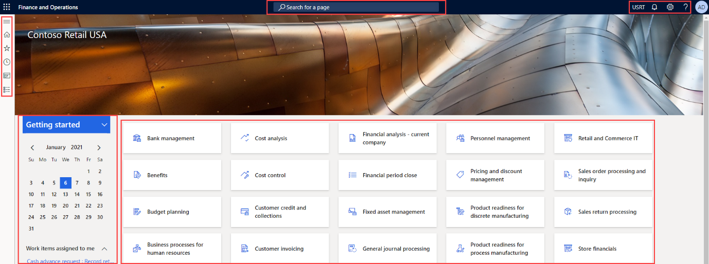 Screenshot of the Dynamics 365 Finance and Operations home page with areas highlighted.