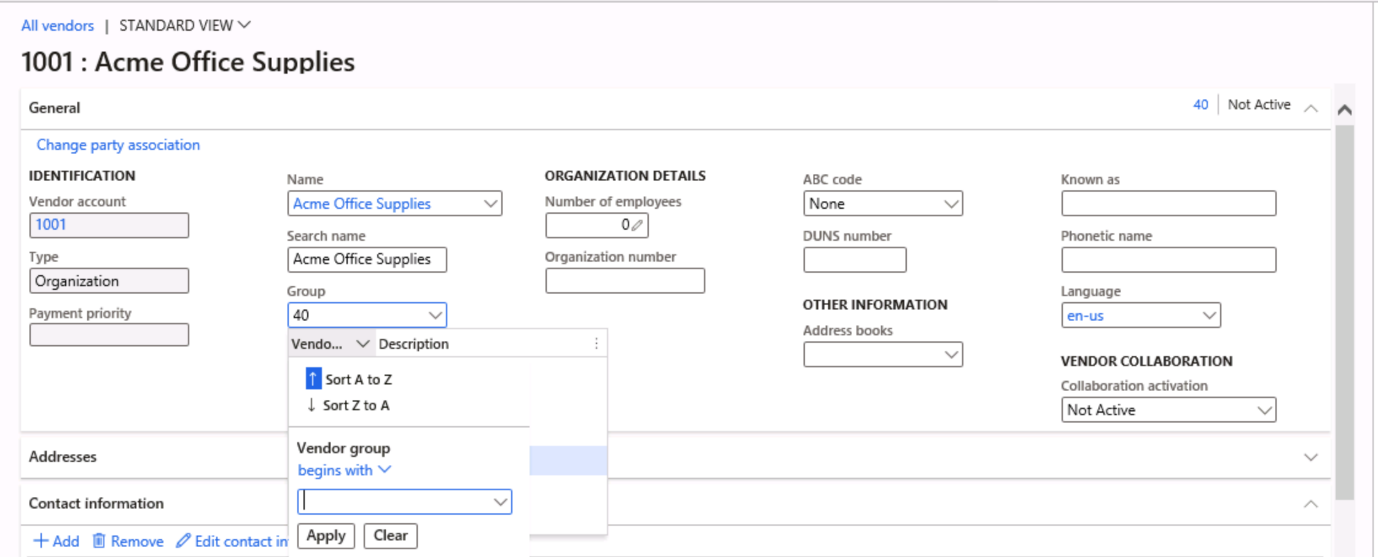 Screenshot of the Vendor group column title for Acme Office Supplies.