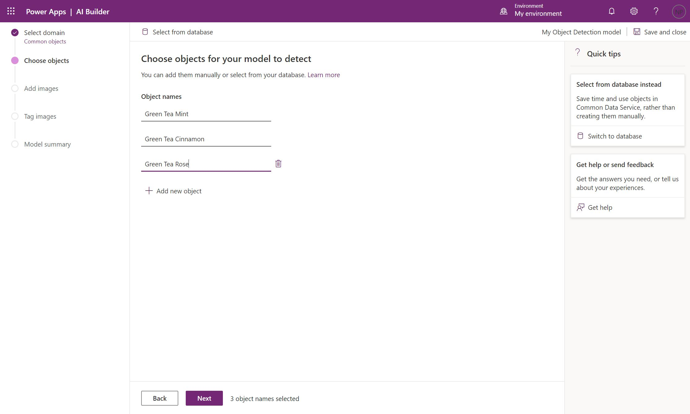 The Choose objects step offers a list of object names for your model to detect.