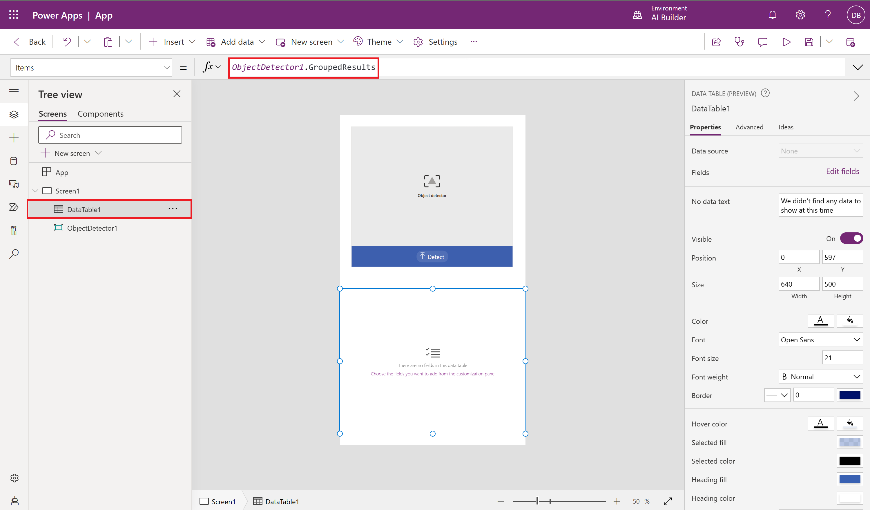 Screenshot of ObjectDetector1.GroupedResults in the formula bar and DataTable1 selected in Power Apps.