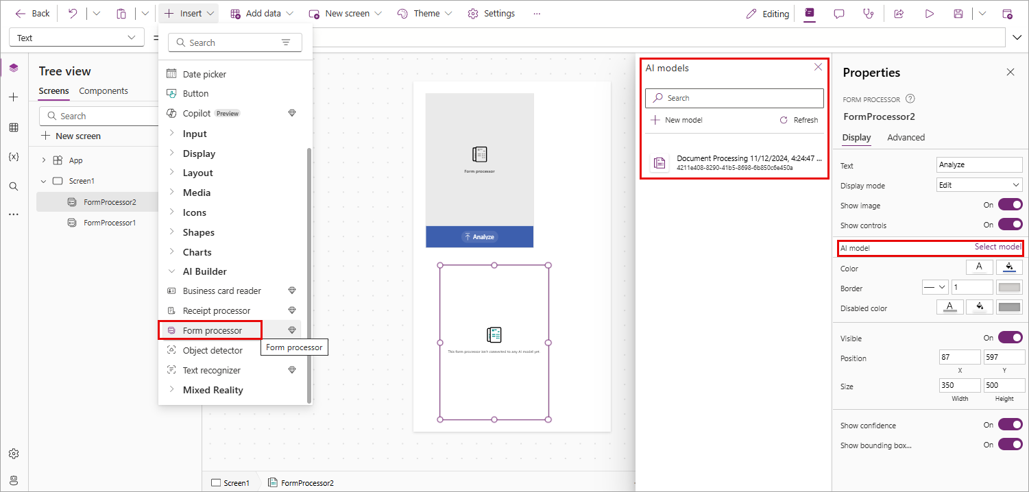 Screenshot of published models appearing in the drop-down list in Power Apps.