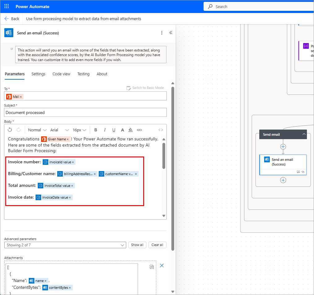 Screenshot of an email (Success) body with highlights on the fields that we added.