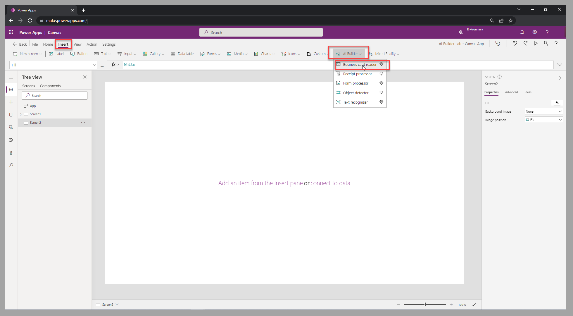 Screenshot of Power Apps with the Insert tab selected and the A I Builder menu expanded to show Business card reader.