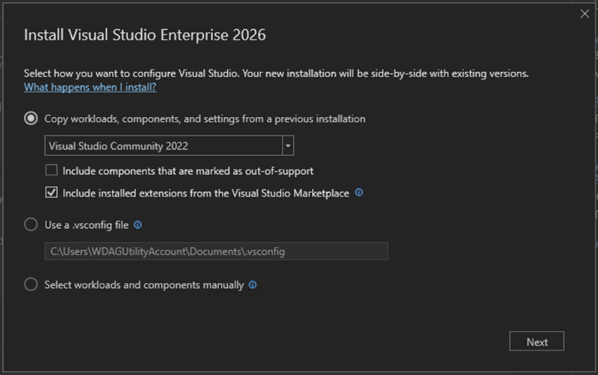 Screenshot of the Visual Studio Enterprise 2026 intall configuration.