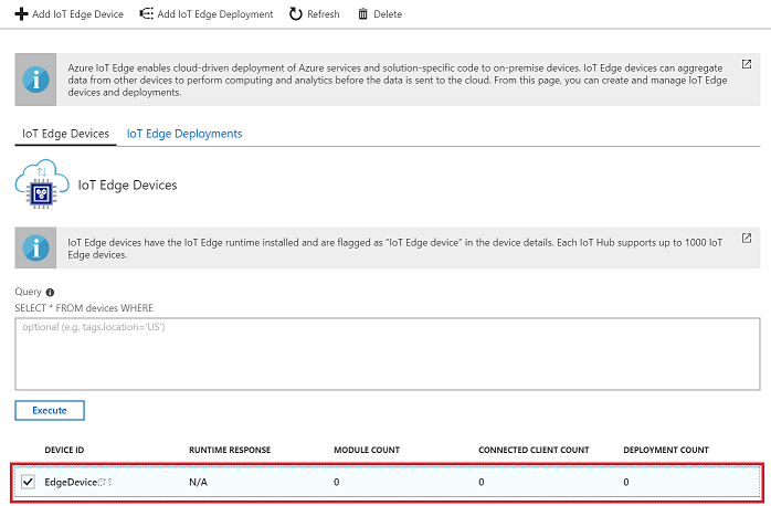 Screenshot that shows the I O T Edge Devices page. The box is checked next to Edge Device at the bottom of the page.