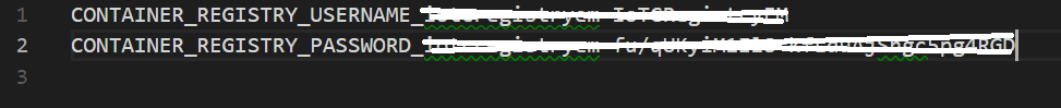 Screenshot that shows a command window with the text Container Registry Username entered on line 1 and Container Registry Password entered on line 2.