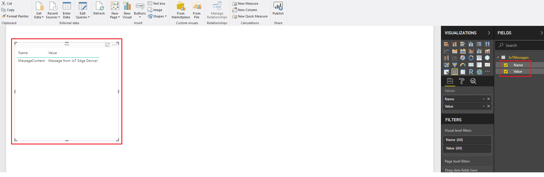 Screenshot that shows the Fields panel. Under I O T Messages, Name and Value are checked. A pop up window with Name and Value columns is circled in red.