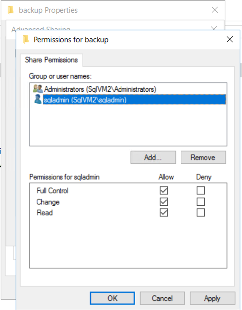 Screenshot showing how to give full control access to the Windows accounts used for migration and for the SQL Server service account.
