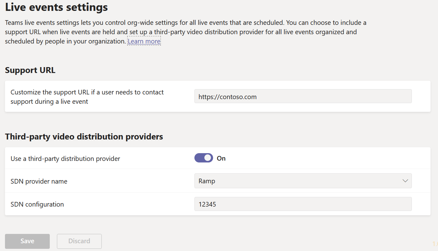 Screen shot of Teams live events settings that you can configure in the Microsoft Teams admin center Screen shot of Teams live events settings.