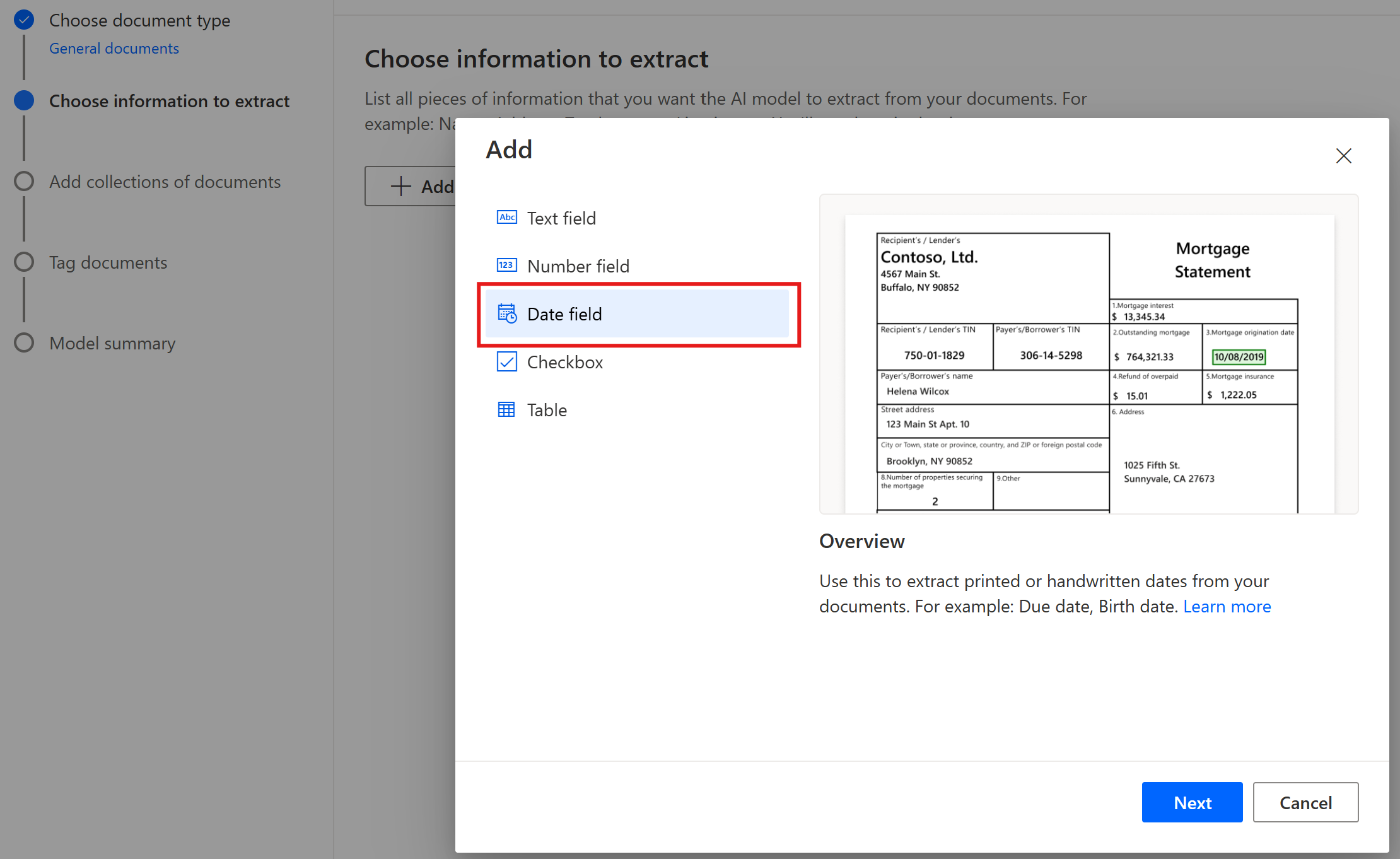 Snimak ekrana 'Date polja' u 'Pregled'.
