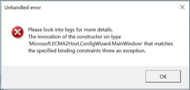 Screenshot that shows an ECMA wizard error.