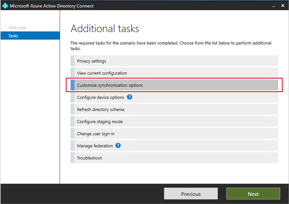 Azure Active Directory Connect wizard Additional tasks page