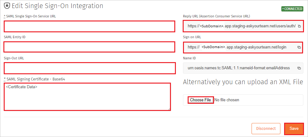 Screenshot shows Edit Single Sign-On Integration where you can enter the values for this step.