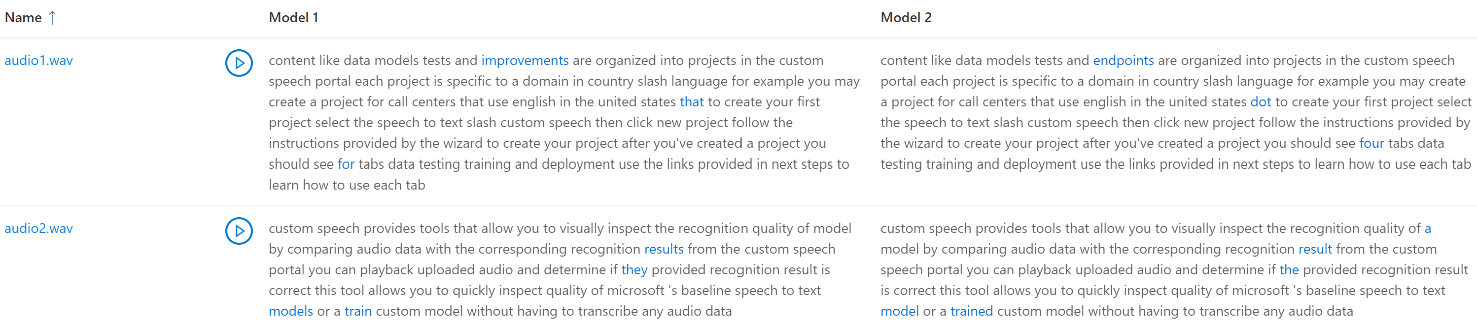 Screenshot of comparing transcriptions by two models